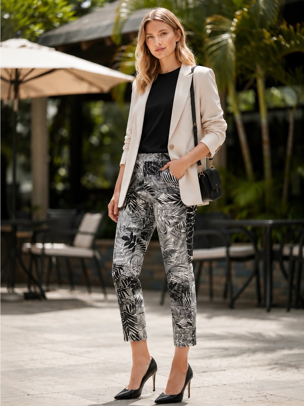 Jaclyn Smith Premier Fit Black White Tropical Print Cropped Pants